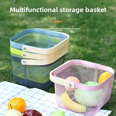 Multifunctional Metal Handle Portable square Fruit Vegetable Basket with Draining Function for Kitchen Outdoor Camping Storage