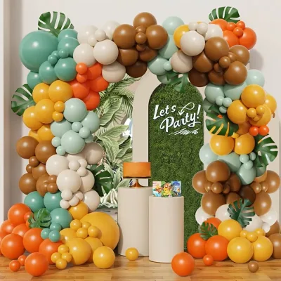 74Pcs Paper Boho Retro Brown Orange Mint Green Balloon Garland Kit Matte Balloons Tropical Jungle Birthday Photo Backdrop Decor