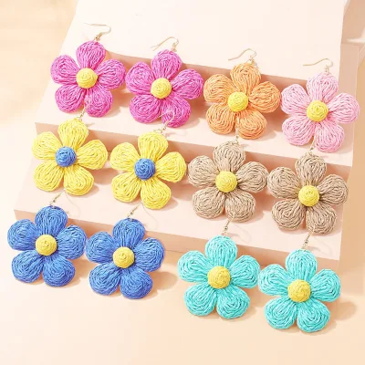 Summer Beach Vacation Woven Rattan Earrings Women's Fashion Handmade Big Flower Earrings