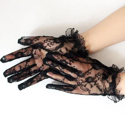Sexy Ladies Breathable Polyester Lace Black Sunscreen Women's Wedding Bridal Wrist Length Full Finger Gloves One Size Fits Most