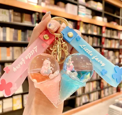 Cartoon Quicksand Ice-cream Keyring Doll Oil Floating Princess Keychain Bag Pendant Liquid Keychain