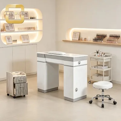 Single Manicure Nail Table with Built in Dust Collector Holes and Soft Padded Hand Rest for Modern Nail Art Salon