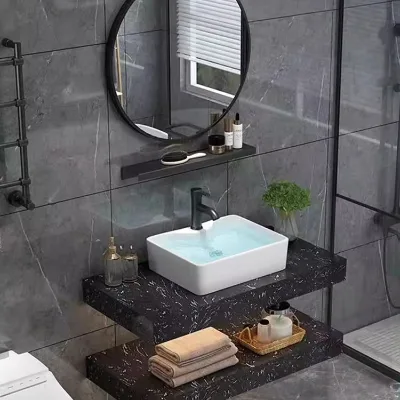 Wall Mounted Double Layer Black Marble Pattern Stone Bathroom Vanity Basin Round LED Mirror Modern Floating Bathroom Cabinet
