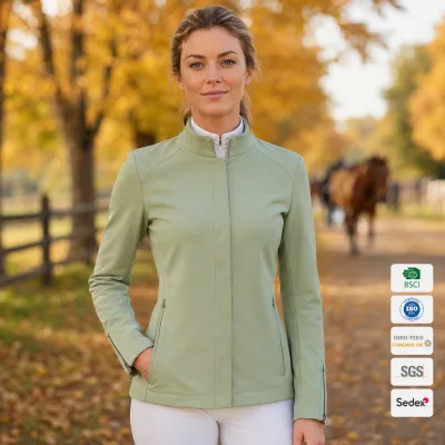 Women's Sage Green Equestrian Softshell Jacket Mandarin Collar Hidden Zip Quick Dry Breathable Riding Jacket OEM Custom