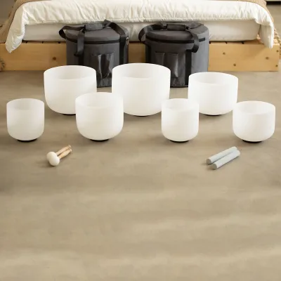 432HZ 6-12 Inch Set of 7 PCS Frosted Chakra Crystal Singing Bowl with Carry Case