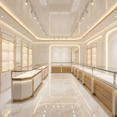 Modern White & Wood Grain LED Lighting Eco-Friendly Jewelry Display Counter Set for Mall Retail Boutiques