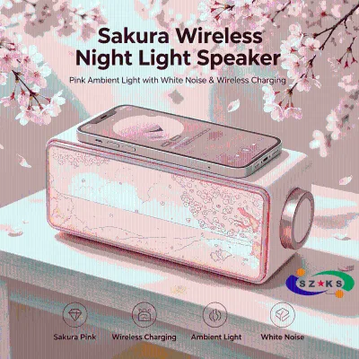 Sakura Scenery Plastic Mini LED Decor Ornament Wireless Fast Charging White Noise Atmosphere Night Light Art Painting BT Speaker