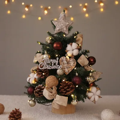 Rustic Tabletop Christmas Tree with Pinecones Burlap Bows and Fairy Lights,Artificial Decorated Tree with Star Topper