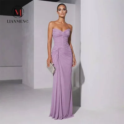 LM D378 Lavender O-Neck Mermaid Satin Evening Gown Ruched Bodice Waist Twist Draped Floor Length Chapel Train Dress