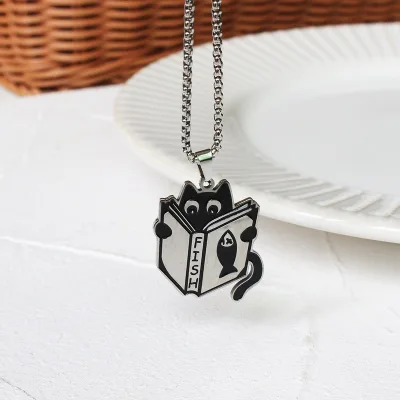 New stainless steel reading cat necklace niche simple creative hard-working study little black cat cute pendant