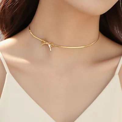 Vintage Trendy Fine Chokers Necklaces Delicate Titanium Steel Bow Necklace Versatile Tarnish-Free Fashion Body Jewelry Wholesale
