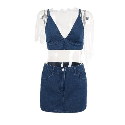 New Style Trendy Backless Denim Sets Sleeveless Cropped Top Mini Skirt
