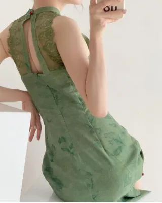 Vintage Print Chinese Style Cheongsam Dress Ladies Elegant Summer Sleeveless Split Sexy Slim Midi Dresses Women Green Qipao