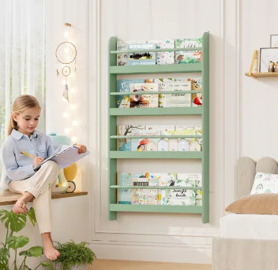 Premium Quality Modern Cute 4-Tier Wall Mount Book Shelf Toy Storage Bookshelf for Playroom, Living Room, Green