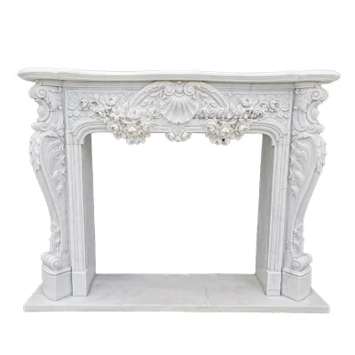 Ideal Arts Hand Caved Rococo Baroque Modern Indoor Freestanding White Marble Fireplace Mantles Fireplace
