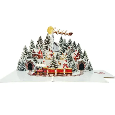 Wholesale 3D Pop up Christmas Village Card with Envelope, Train Scene Folded Holiday Greeting Card for Xmas Gifts & Decor