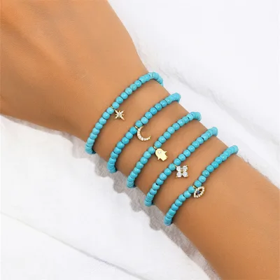 Vintage Turquoise Handmade Beaded Bracelet Creative 925 Sterling Silver Micro Zircon Small Moon Palm Eye Pendant Bracelet