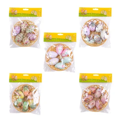 6Pcs Foam Easter Egg Hanging Ornament with Basket Painted Easter Eggs for Party Decoration