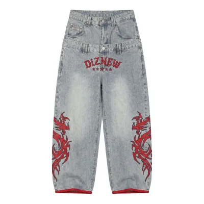 DIZNEW Man Jean Light Blue Washed Balloon Gothic Letter Star Embroidery Dragon Rhinestone Knee Red Lining Custom OEM