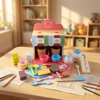 Wooden Montessori Pretend Play Kitchen Toy Coffee Maker Set Educational Kindergarten Toys for Ages 7-14 Color Box Packaging