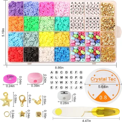 Flat Round Polymer Clay Beads 6mm Spacer Heishi Beads with Charms and Elastic Strings for Jewelry Making Kit