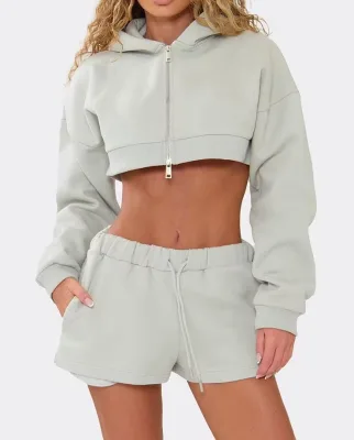 WomenSoft Fleece Cropped Y2K Zip Hoodie Sweat Shorts 2 Pcs Tracksuit Casual Loungewear Outfit Custom Logo Embroidery OEM Service