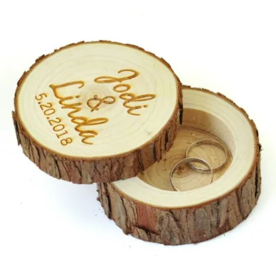 Personalized Rustic Wood Slice Ring Bearer Box, Custom Engraved Names & Date Natural Wooden Wedding Ring Box