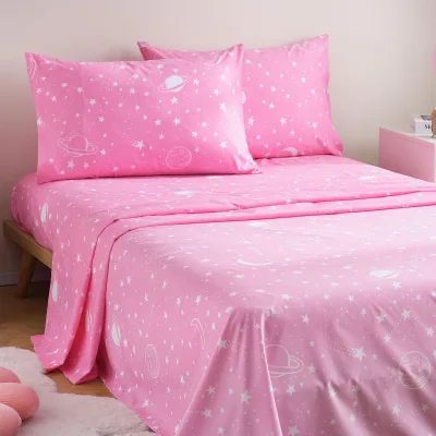 OEM ODM Pink Moon Stars Kids Full Sheet Set Space Theme 4 Pieces Microfiber Breathable Soft Oeko-tex