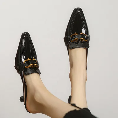 Women Large Size 46 Short Heels Slippers Summer Closed Toe Sandals Metal Decor Shoes Patent Leather Mules