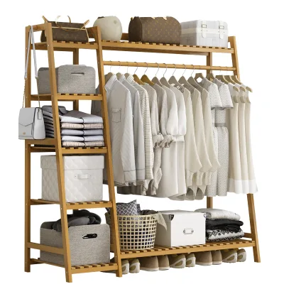 Modern Multifunctional Bamboo Coat Rack with 5 Shelves and 2 Hooks for Bedroom Living Room Hotel Use