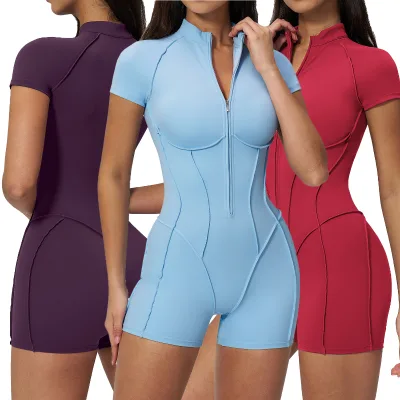 Custom Logo One Piece Short Sleeve High Strength Yoga Jumpsuit Casual Fitness Sports Sports Zipper Roper For Women
