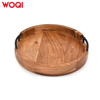 WOQI Tray Acacia Wood Round Serving Tray with Iron Handles for Coffee Table Decor Centerpiece Kitchen Counter