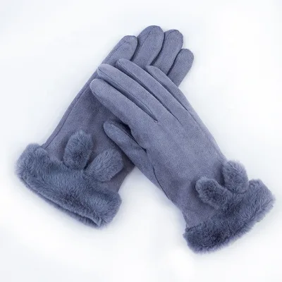 Hot Sale Faux Suede Thicken Warmth Gloves Plush Neckline Rabbit Ears Women's Winter Gloves