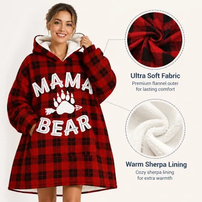 Wholesale Custom Classic Plaid Pattern Winter Wearable Hoodie Blanket Oversized Sweatshirt Hooded Throw Blanket for Adult Kids