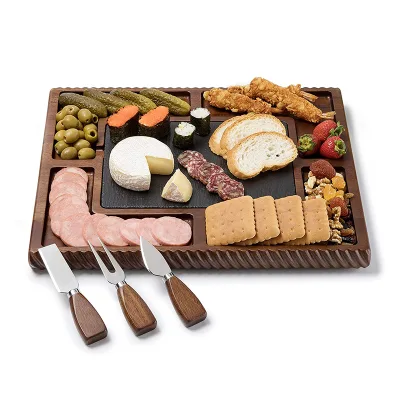 Acacia Wood Cheese Board Wooden Charcuterie Luxury Kitchen Tools Bamboo Cheese Serving Board Platter with Slate Cutlery Set