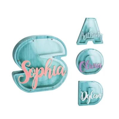 Custom 26 Letter Wooden Coin Bank Wooden Letter Piggy Bank With Acrylic Cover