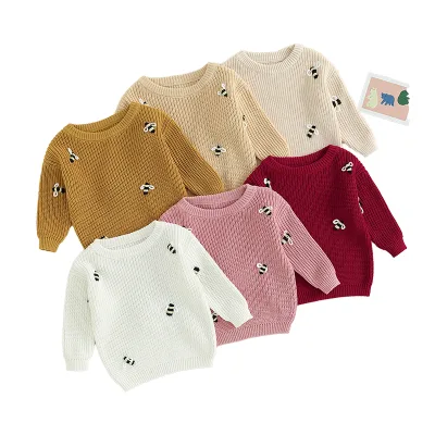 100% Cotton Knitted Baby Clothing Casual Newborn Jumper with Bee Embroidery Plus Size Toddler Sweater for Winter and Spring