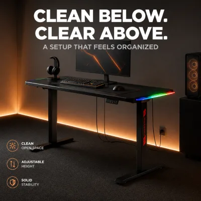 AOR Adjustable Iron Frame Gaming Desk with Multi-Functional Headphone Hooks Modern Design for Home Office Use Easy Assembly