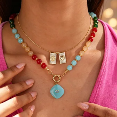 Glass Beaded Necklace Square Blue Rhinestone Pendant Wheel Clasp Stainless Steel Women Fashion Neck Jewelry