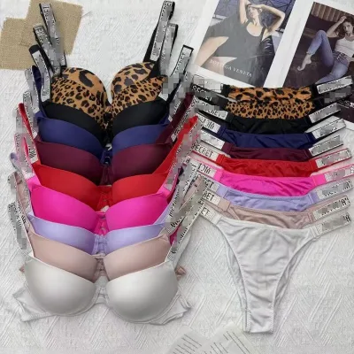 Hot-selling Women's Lingerie Set with Letter Rhinestones Underwire Comfort Bra