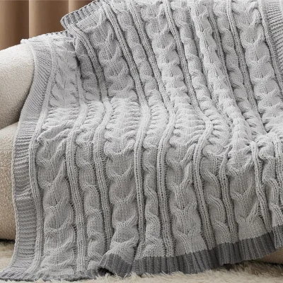 Cable Knit Throw Blanket for Couch Bed - Chenille Chunky Knit Throw Blanket for Winter and All Seasons, Soft Cozy and Warm, Grey