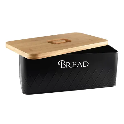 Metal Kitchen Countertop Bread Box Food Storage Container Iron Metal Bread Box With Bamboo Lid
