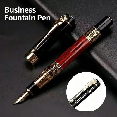 Chinese Style Red Grain Stainless Steel Fountain Pen Ballpoint Calligraphy Business Gift Office Signature Pen