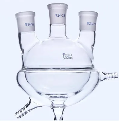 Thickened double-layer round-bottom jacketed semi-enclosed three-mouth flask with discharge valve and PTFE discharge valve