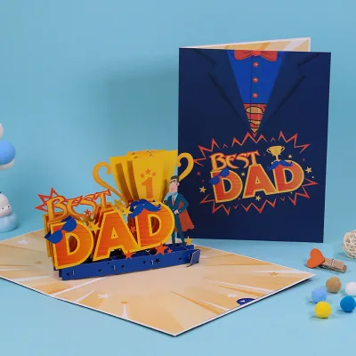 Father's Day 3D Pop up Glossy Waterproof Digital Printing Rectangle Paper Greeting Card with Offset Printing Business Card