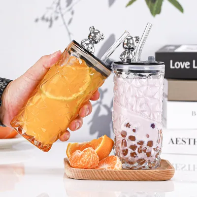 Customized Glass Cup With Bear Lid Straw Eco-friendly Drinkware for Tea Coffee Juice Milk Water for School Gym Outdoor Activity