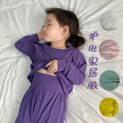 Factory Wholesale/OEM Children's Sleepwear Baby High-waisted Modal Loungewear Girls Autumn Set Long Sleeve Solid Color