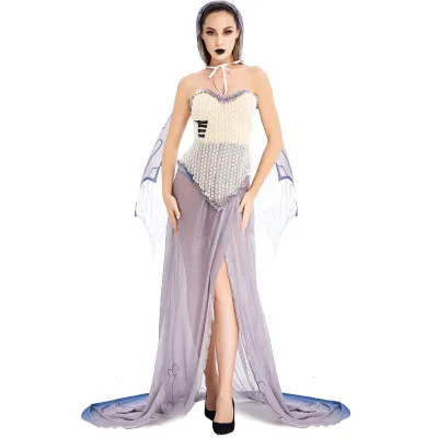 Halloween Cosplay Embroidery Thin Gauze Sexy Ghost Bride Strapless Dress Women Anime Zombie Costume Wholesale