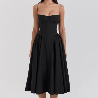 Black Corset Midi Dress with Collarless Neckline Woven Breathable and Anti-Wrinkle Sexy Casual Style for Summer