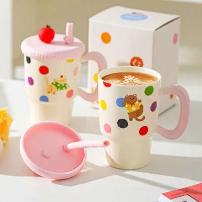 Cute Ceramic Mug Straw Pattern Design Apple Theme and Cat Straw With Cat As Birthday Gift and Gift Set